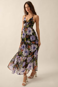 Moon Garden Floral Chiffon Tie-Back Maxi Dress - ShopPromesa