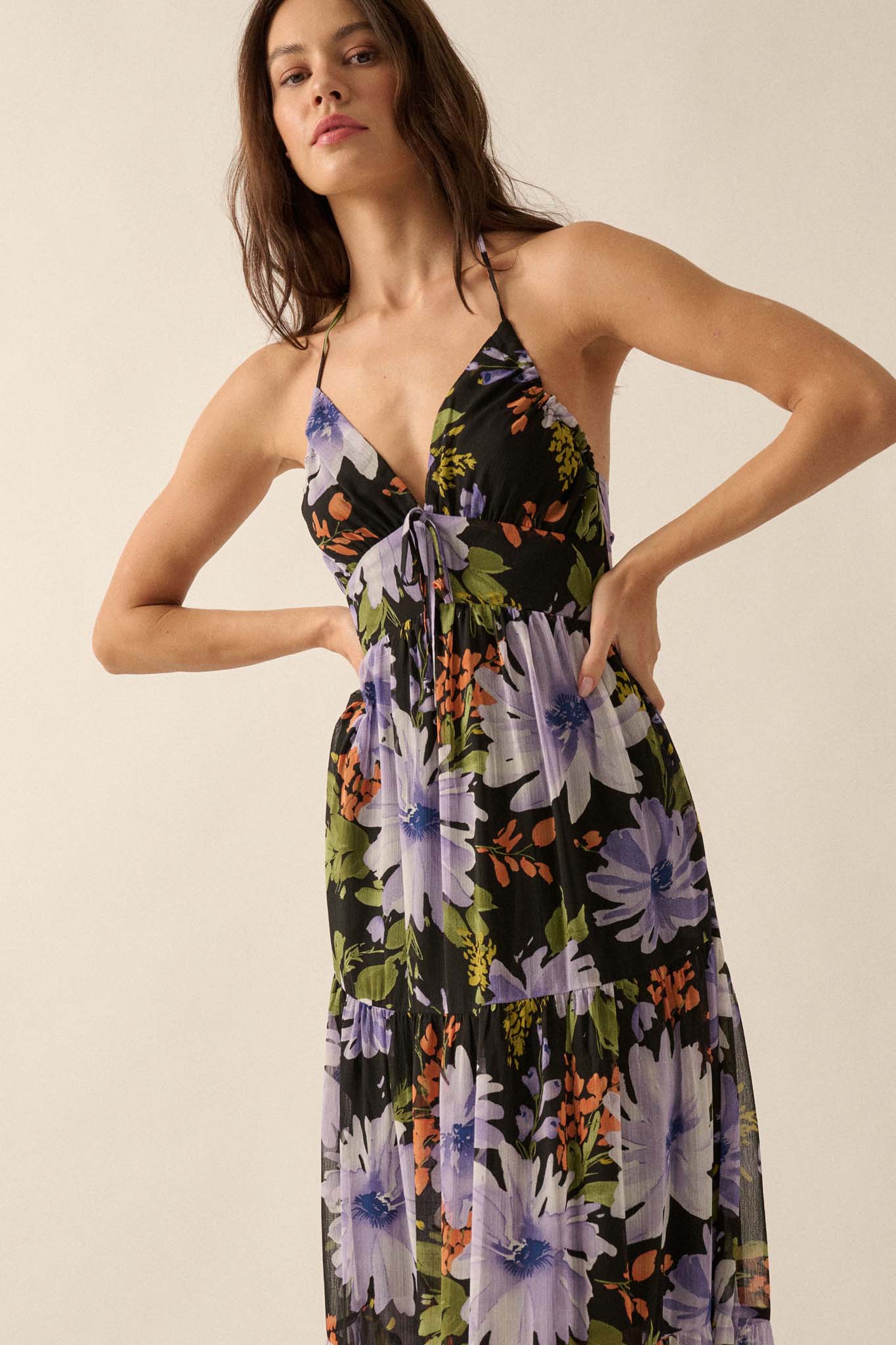 Moon Garden Floral Chiffon Tie-Back Maxi Dress - ShopPromesa