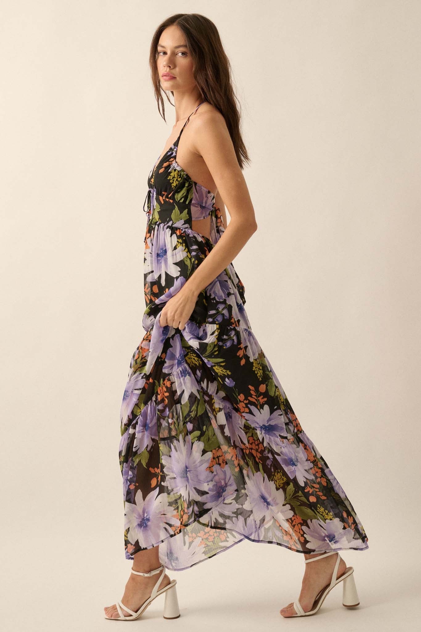 Moon Garden Floral Chiffon Tie-Back Maxi Dress - ShopPromesa