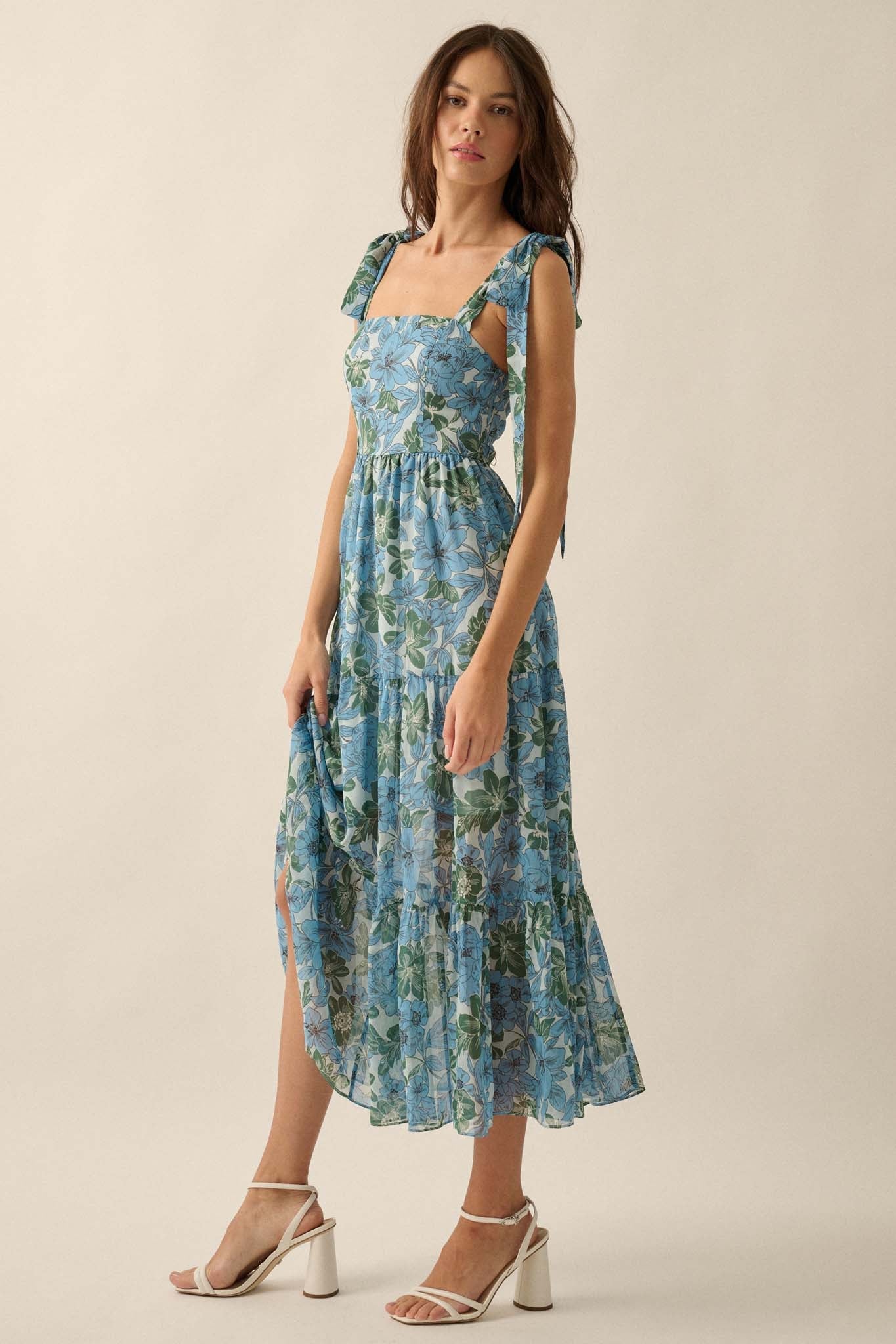 Borneo Bliss Floral Chiffon Tiered Ruffle Midi Dress - ShopPromesa