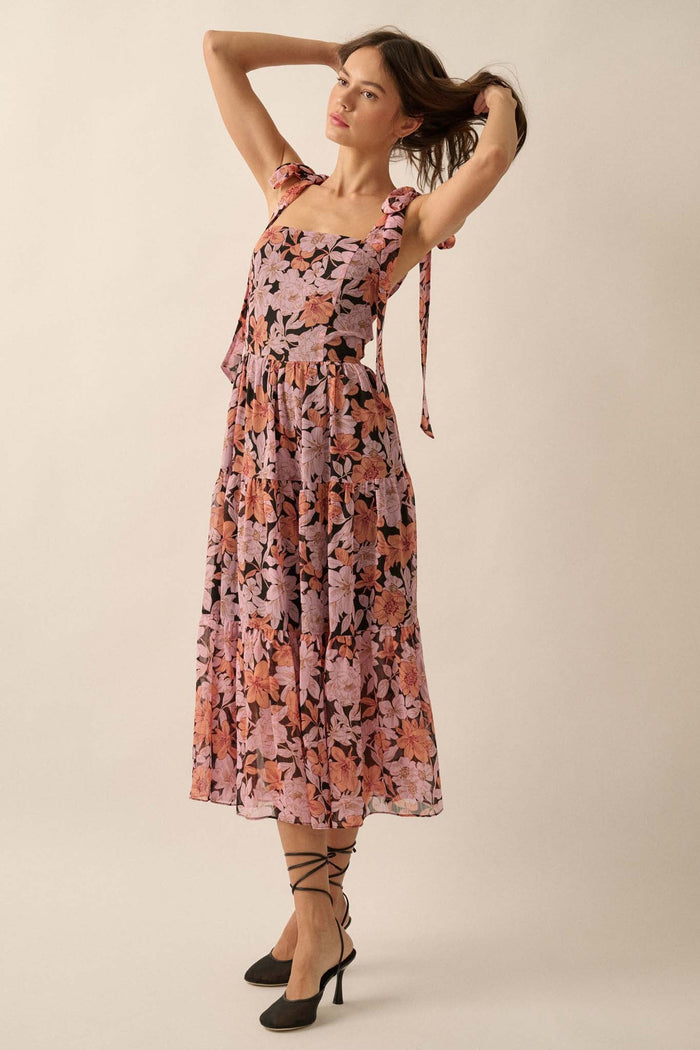 Borneo Bliss Floral Chiffon Tiered Ruffle Midi Dress - ShopPromesa