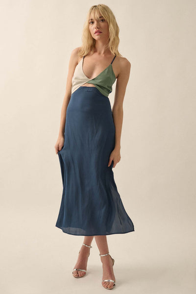 Glammed Up Colorblock Satin Cutout Midi Dress - ShopPromesa