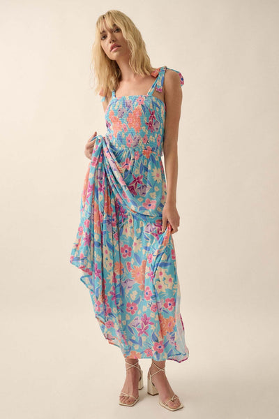 There She Grows Smocked Floral Crepe Maxi Dress - ShopPromesa