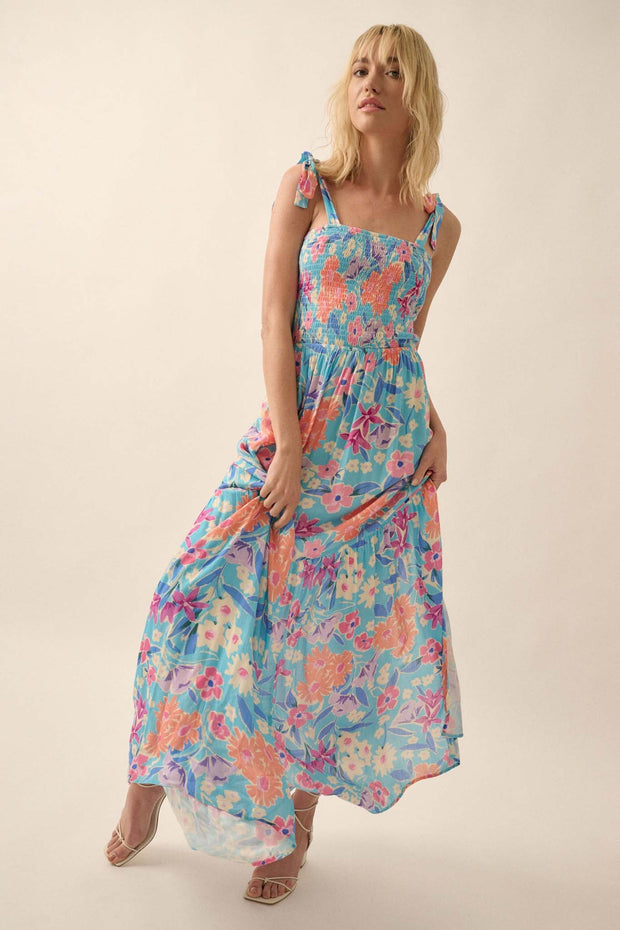There She Grows Smocked Floral Crepe Maxi Dress - ShopPromesa