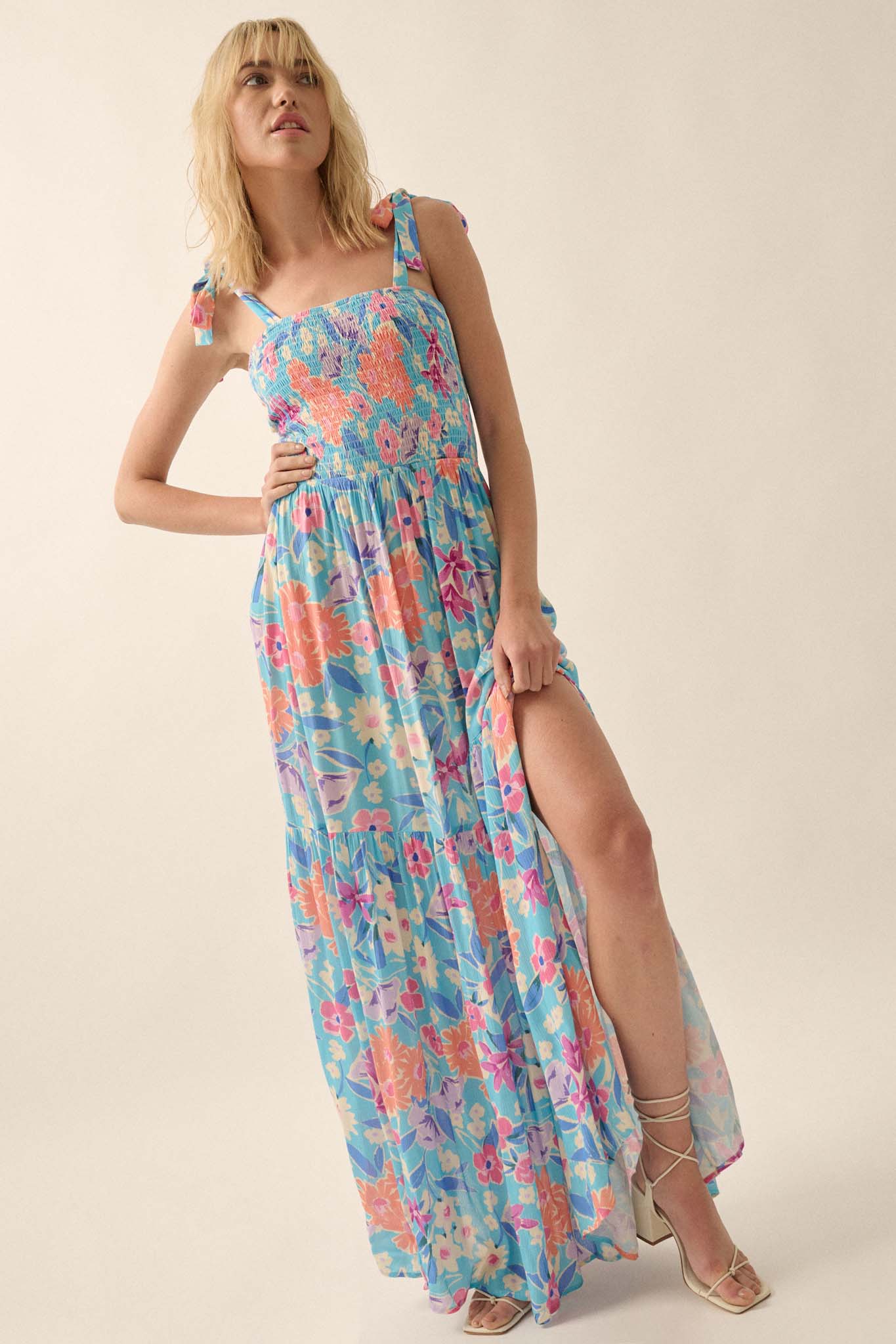 There She Grows Smocked Floral Crepe Maxi Dress - ShopPromesa