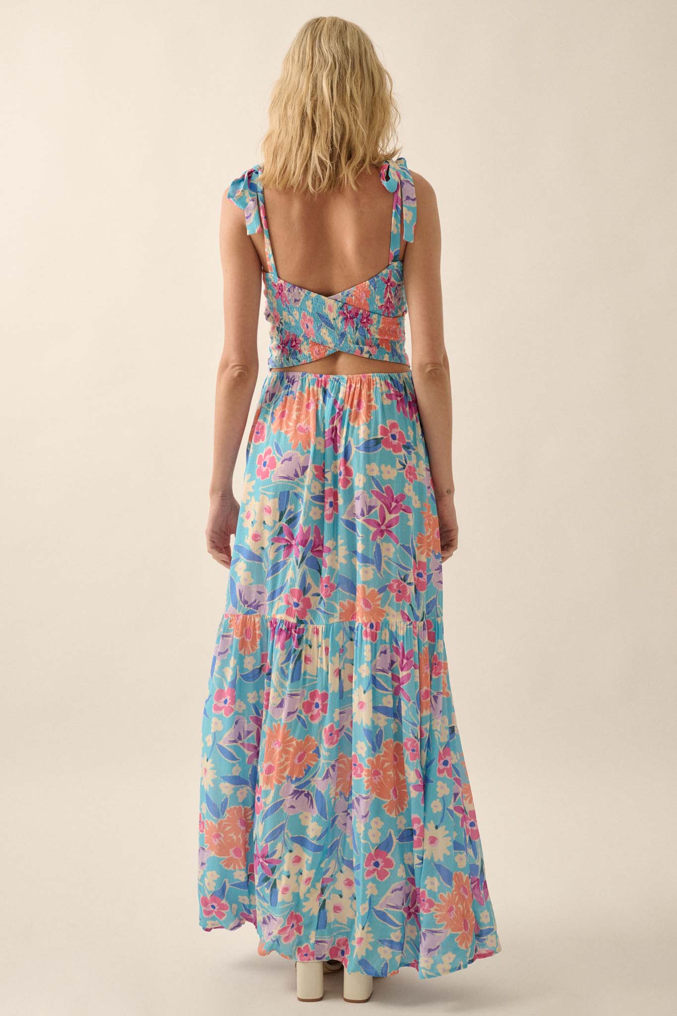 There She Grows Smocked Floral Crepe Maxi Dress - ShopPromesa