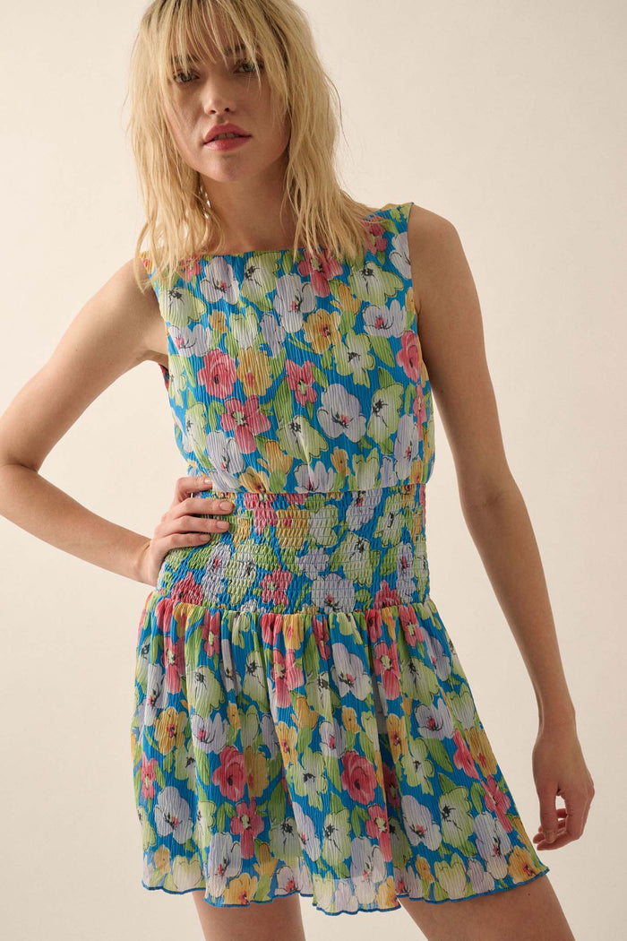 Rainbow Blooms Pleated Floral Mini Dress - ShopPromesa