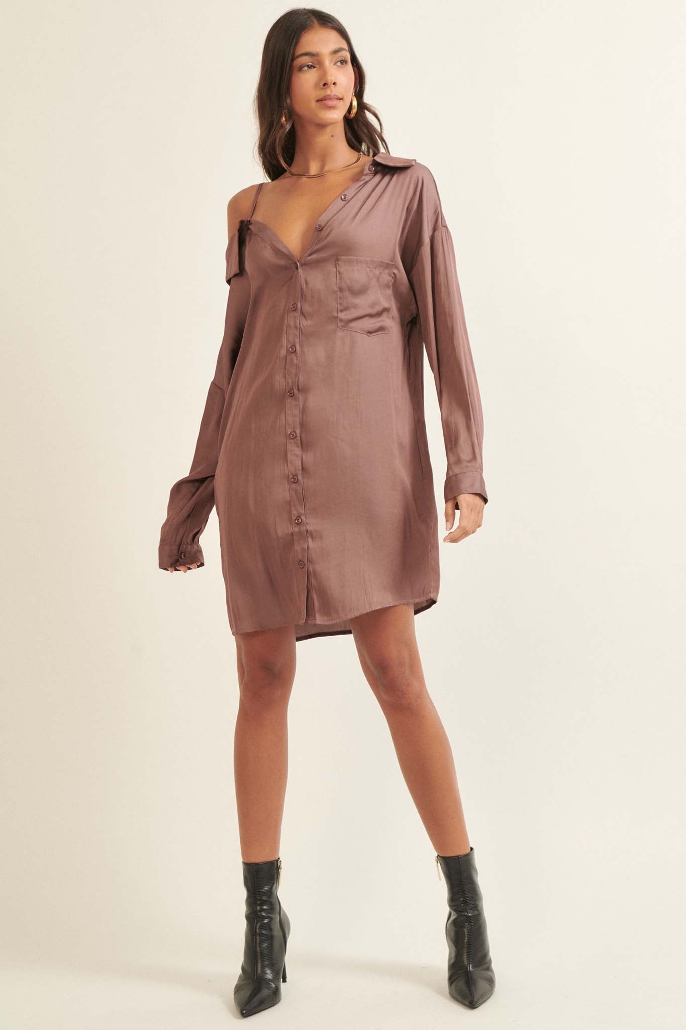 After Party Fallen Shoulder Mini Shirt Dress - ShopPromesa