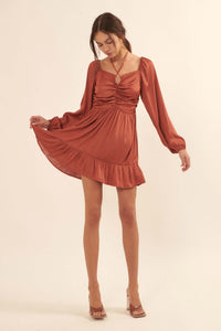 Dancing Queen Matte Satin Peasant Mini Dress - ShopPromesa