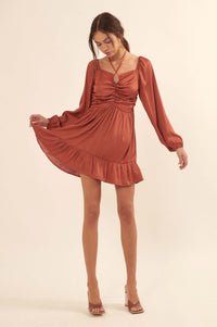 Dancing Queen Matte Satin Peasant Mini Dress - ShopPromesa