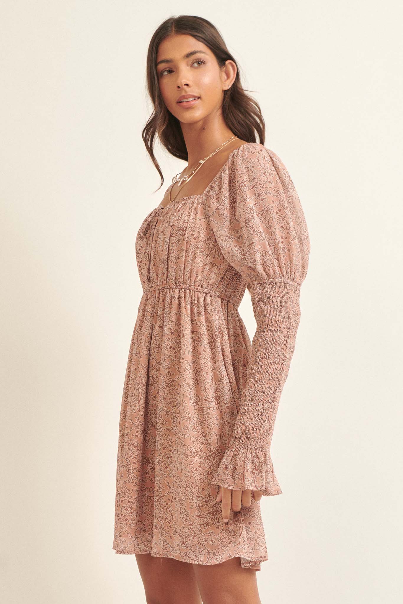 Poetic Plumes Floral Juliet-Sleeve Mini Dress - ShopPromesa