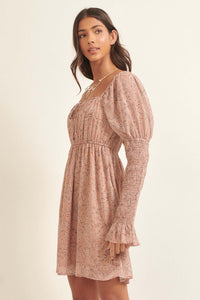 Poetic Plumes Floral Juliet-Sleeve Mini Dress - ShopPromesa