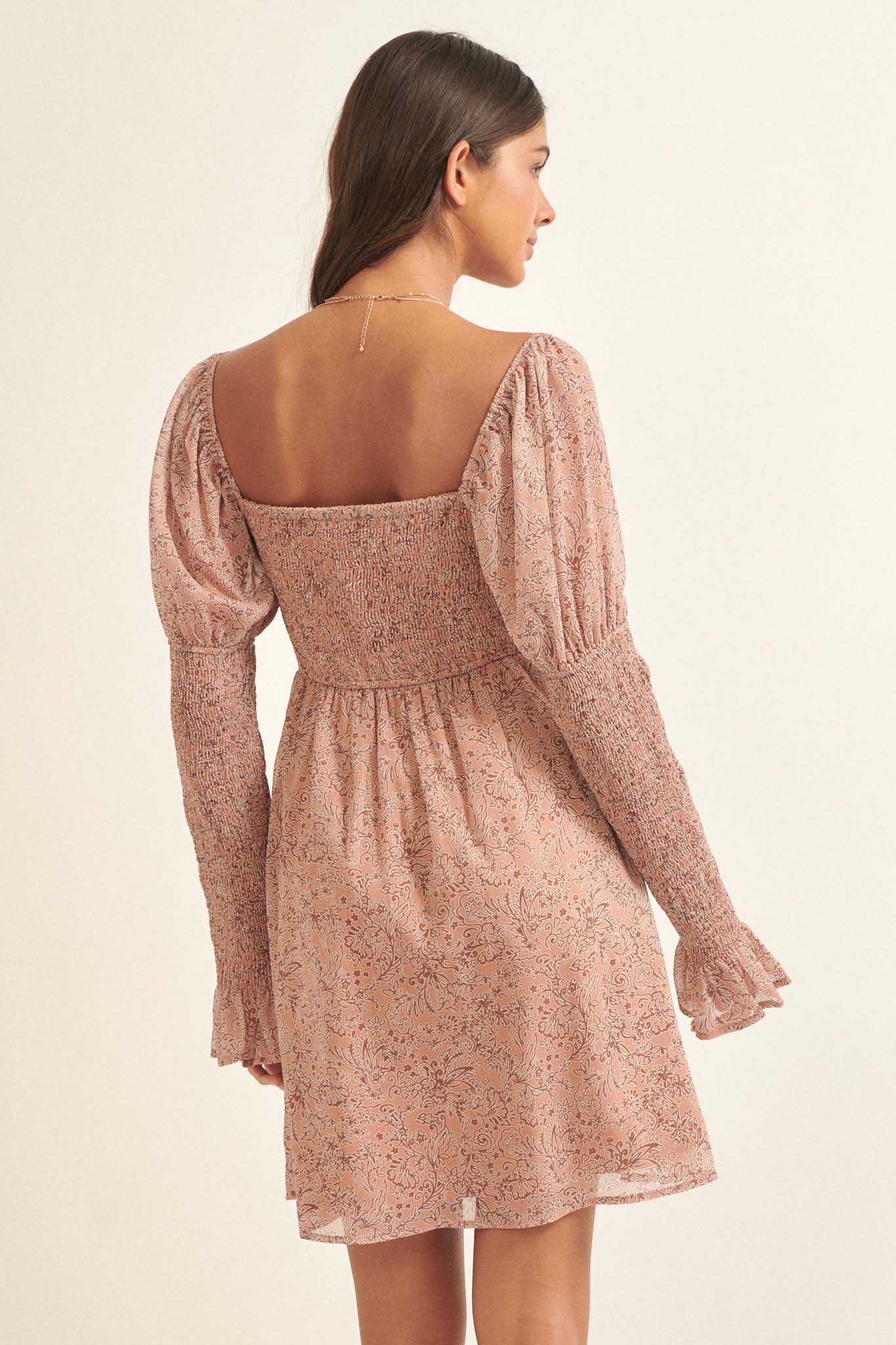 Poetic Plumes Floral Juliet-Sleeve Mini Dress - ShopPromesa