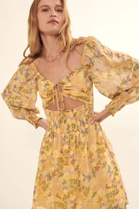 Marigold Sky Floral Chiffon Tie-Front Mini Dress - ShopPromesa