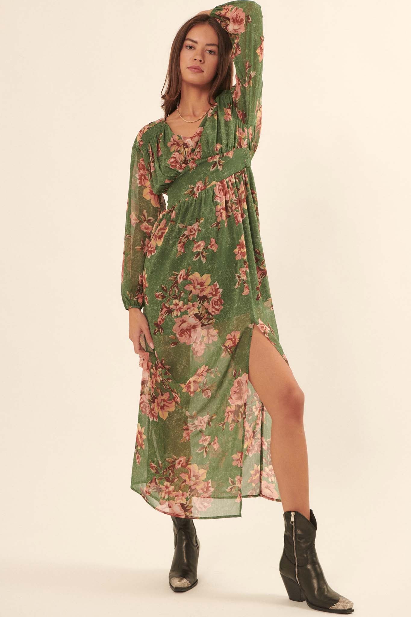 Autumn Enchantment Floral Chiffon Maxi Dress - ShopPromesa