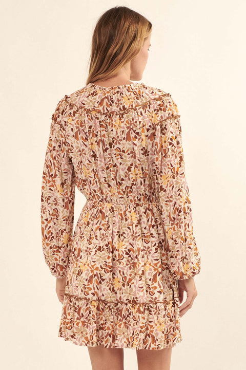 Sunset Glow Ruffled Floral Tie-Neck Mini Dress - ShopPromesa