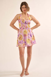 Orchid Skies Floral Chiffon Halter Mini Sundress - ShopPromesa