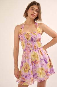 Orchid Skies Floral Chiffon Halter Mini Sundress - ShopPromesa