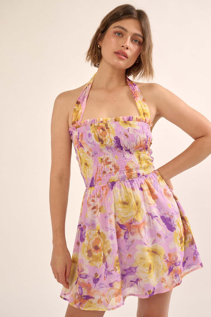 Orchid Skies Floral Chiffon Halter Mini Sundress - ShopPromesa