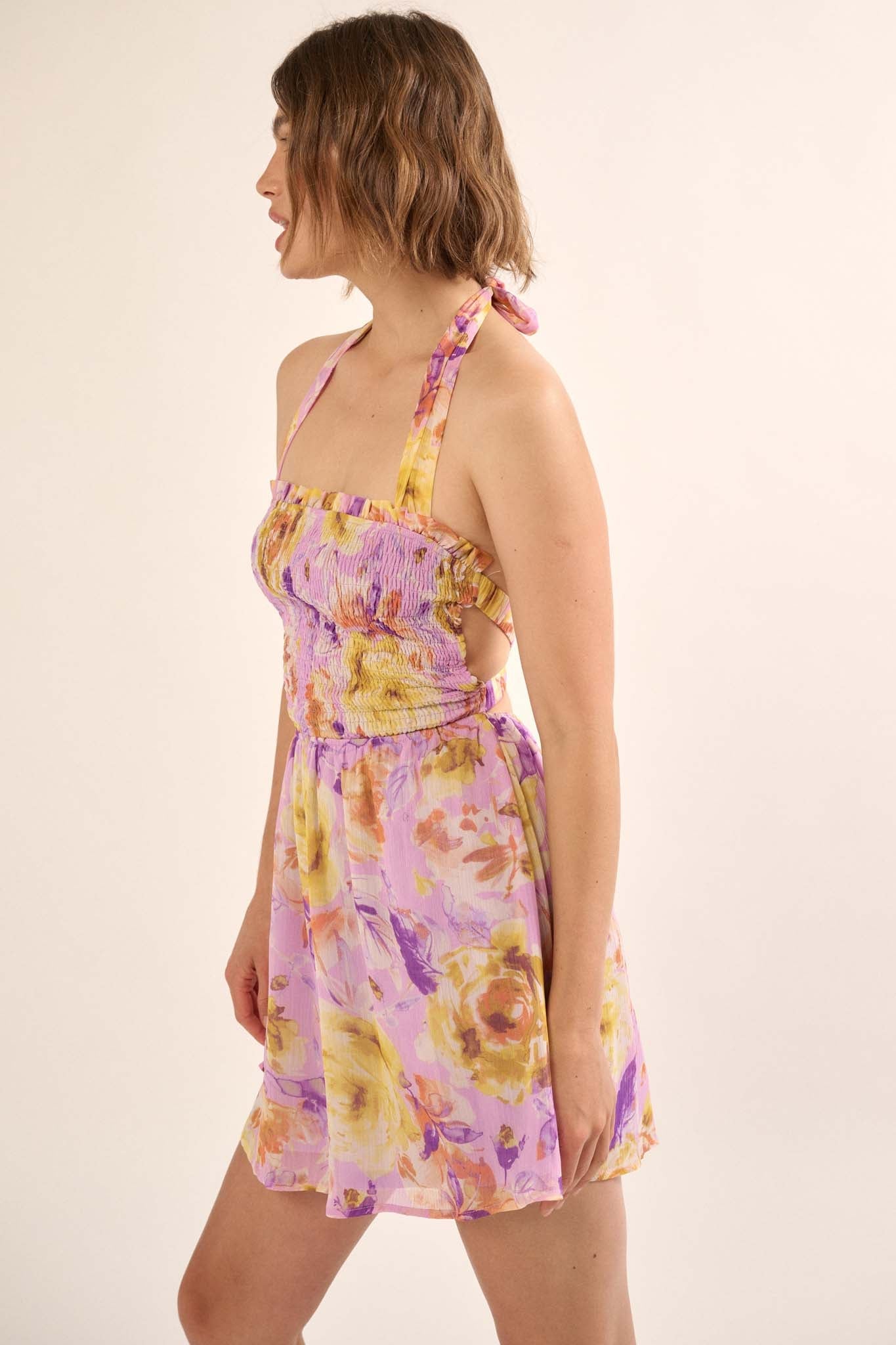 Orchid Skies Floral Chiffon Halter Mini Sundress - ShopPromesa