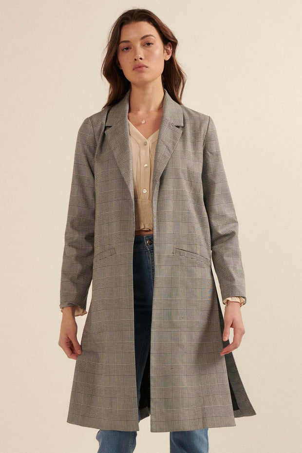 Private Eyes Open-Front Plaid Trench Coat - ShopPromesa