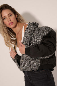 Take the Tweed Mixed Media Trucker Bomber Jacket - ShopPromesa