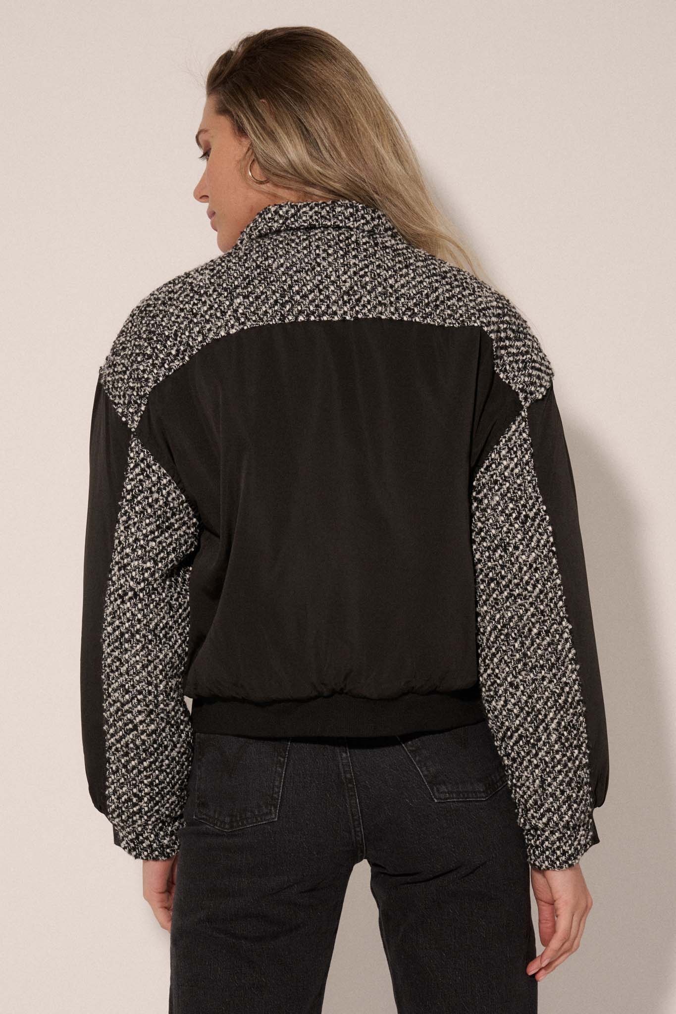 Take the Tweed Mixed Media Trucker Bomber Jacket - ShopPromesa