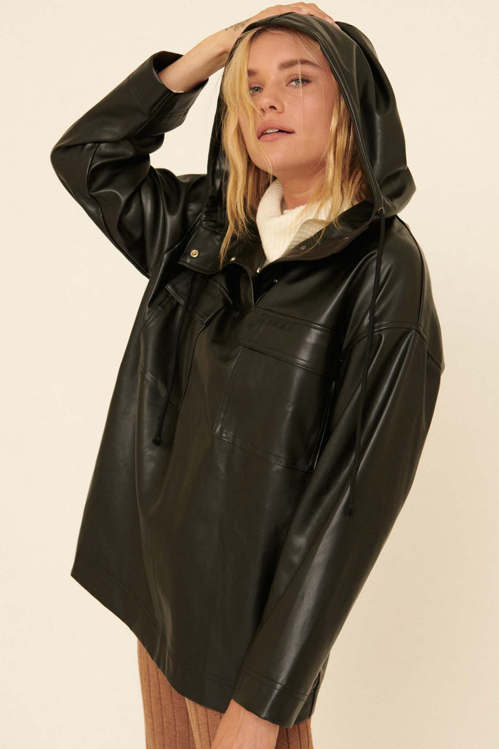 City Life Hooded Vegan Leather Pullover Jacket - ShopPromesa