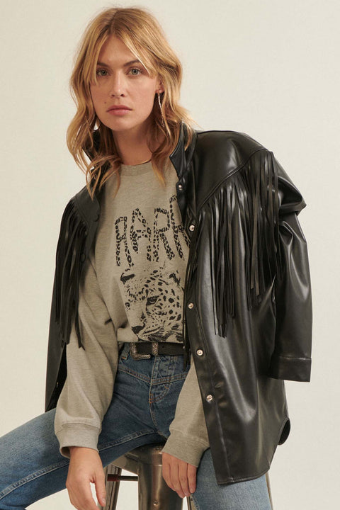 Midnight Rider Vegan Leather Fringe Shirt Jacket - ShopPromesa