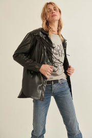 Midnight Rider Vegan Leather Fringe Shirt Jacket - ShopPromesa
