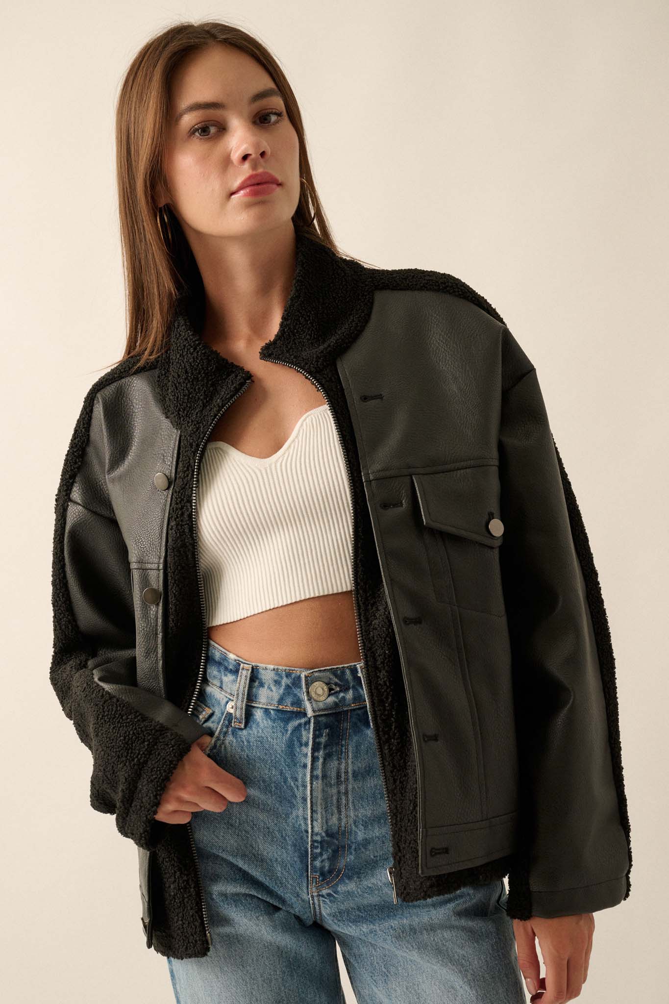 Big Rig Vegan Leather and Sherpa Trucker Jacket - ShopPromesa