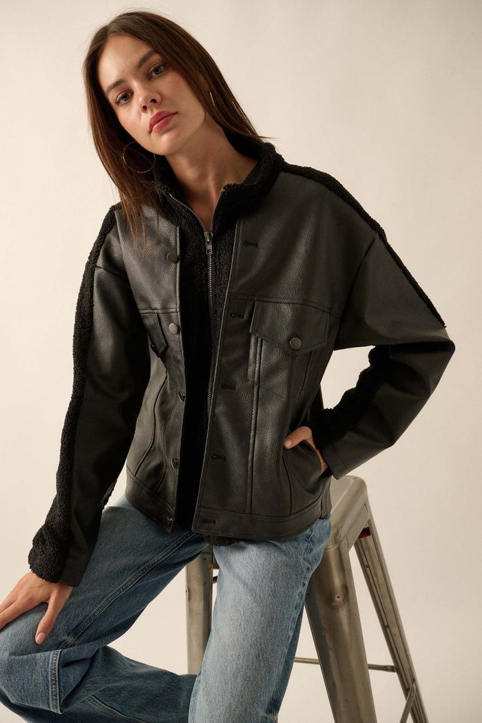 Big Rig Vegan Leather and Sherpa Trucker Jacket - ShopPromesa