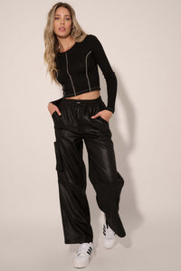 On the Run Vegan Leather Drawstring Cargo Pants - ShopPromesa