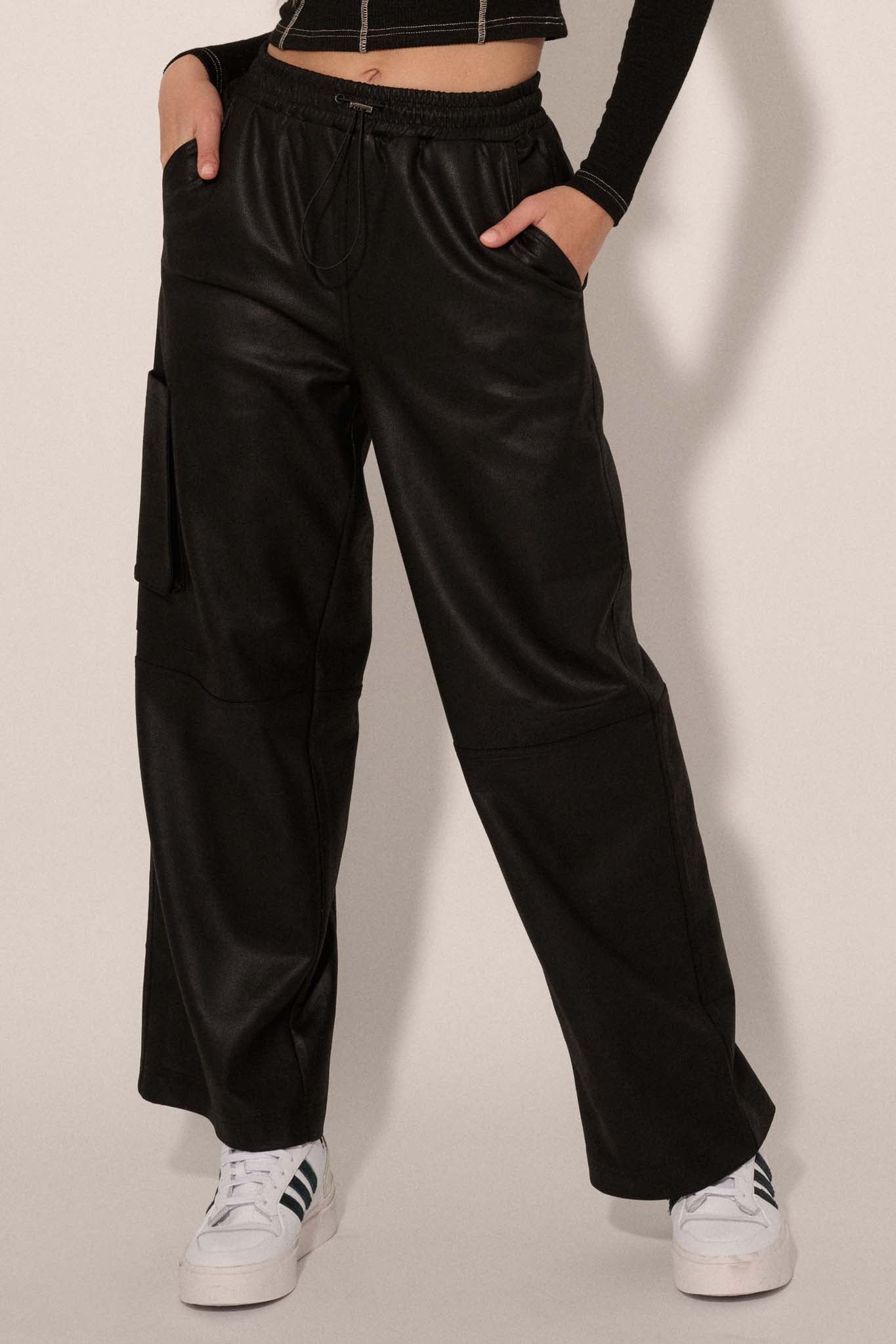 On the Run Vegan Leather Drawstring Cargo Pants - ShopPromesa