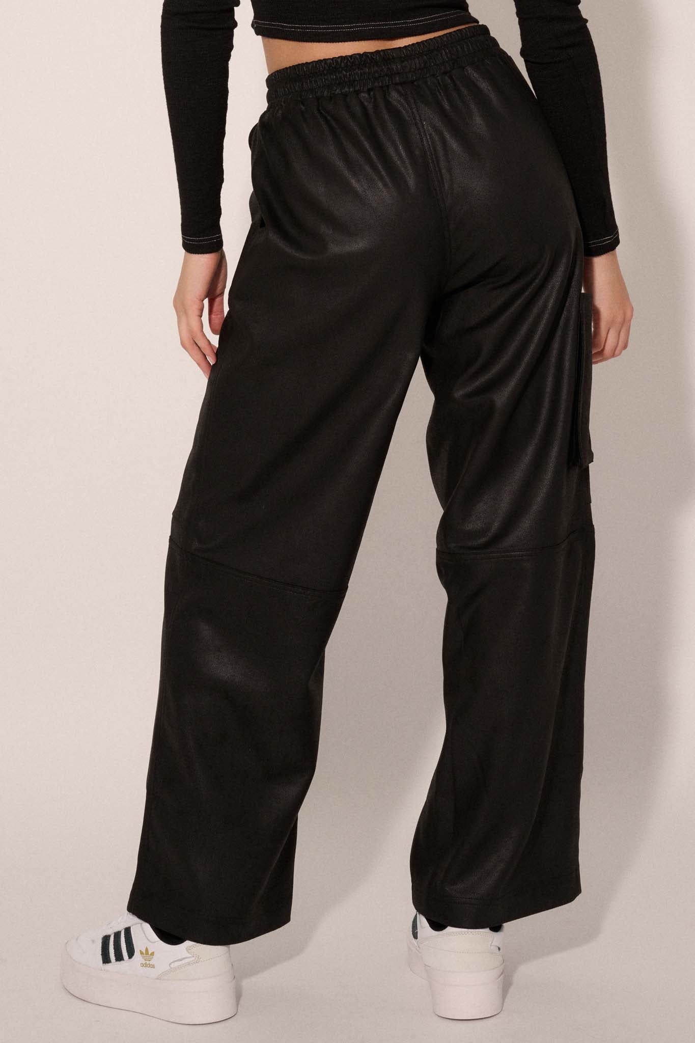 On the Run Vegan Leather Drawstring Cargo Pants - ShopPromesa