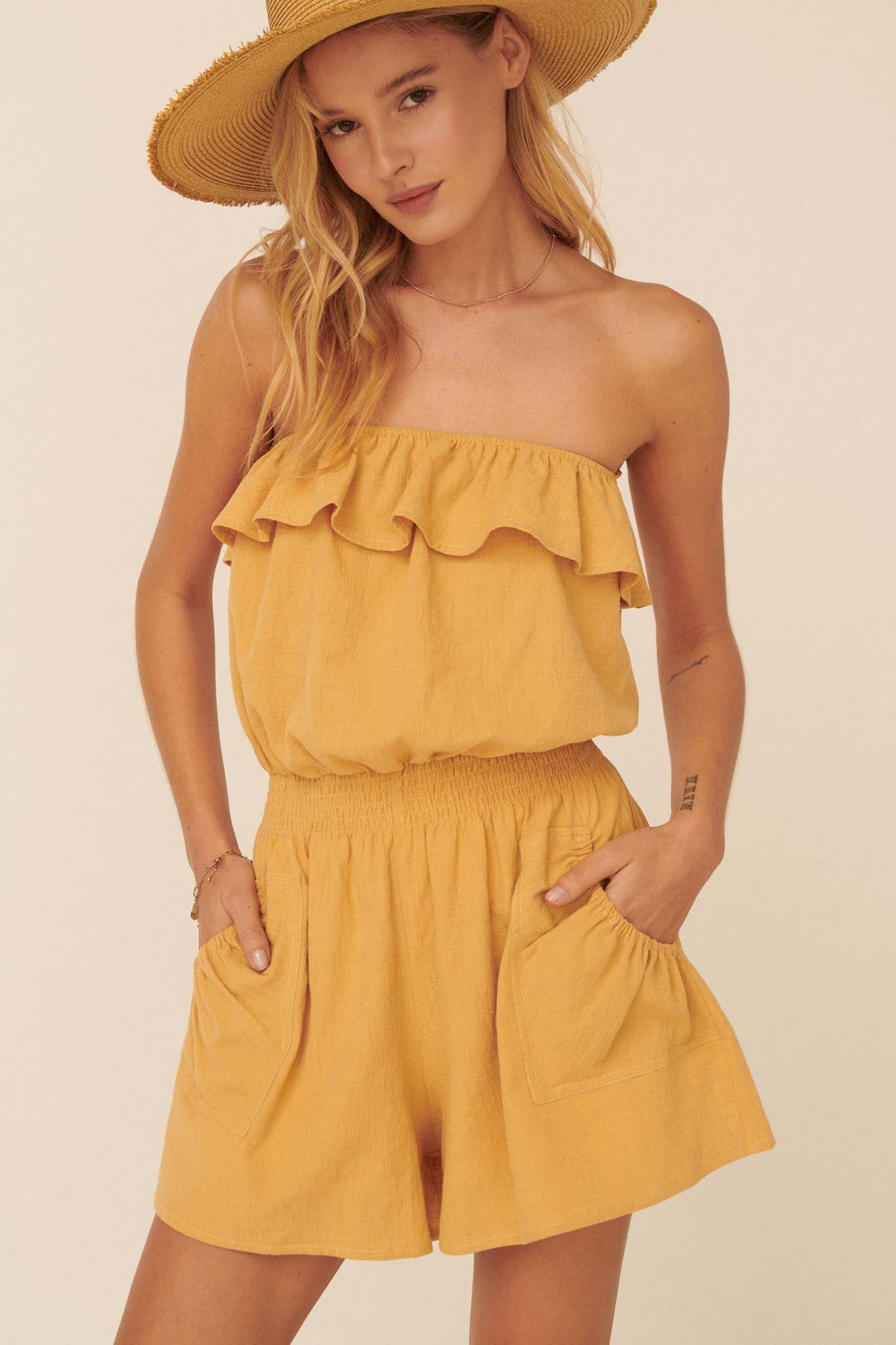 So Caught Up Ruffled Cotton Tube Romper - ShopPromesa