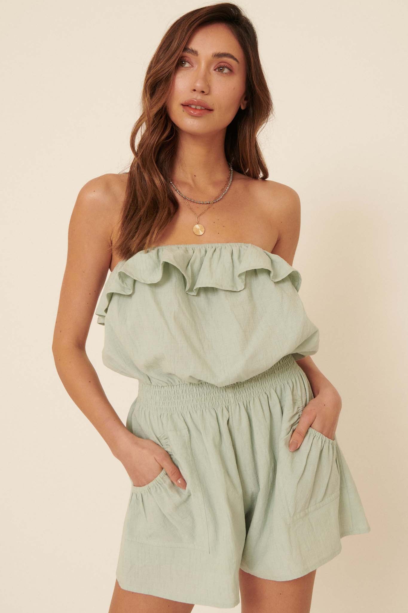 So Caught Up Ruffled Cotton Tube Romper - ShopPromesa