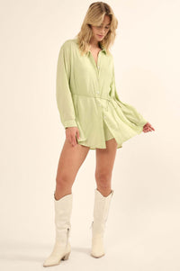 Nine to Five Matte Satin Button-Up Shirt Romper - ShopPromesa