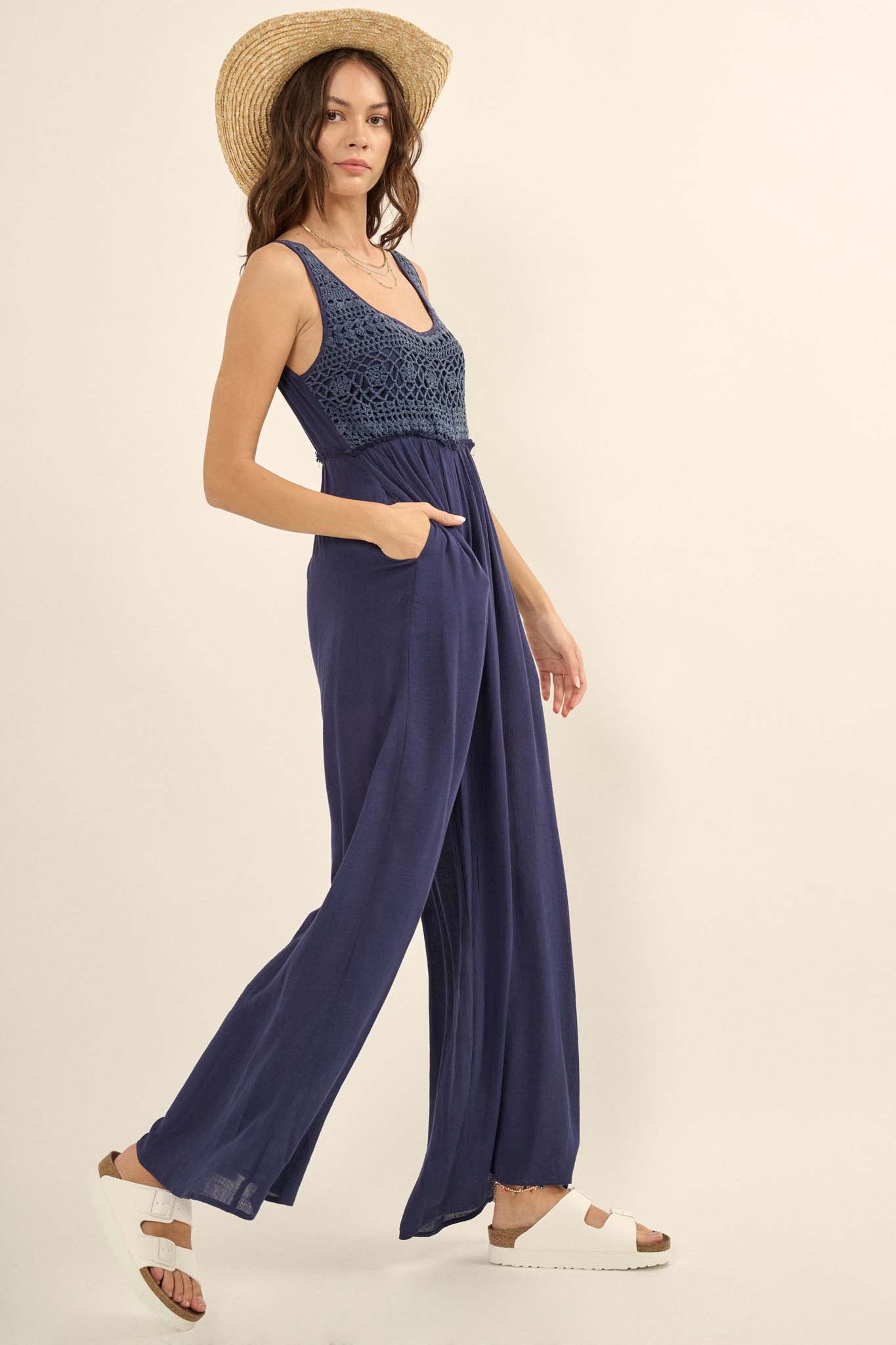 Feeling Fine Crochet Lace Bodice Wide-Leg Jumpsuit - ShopPromesa