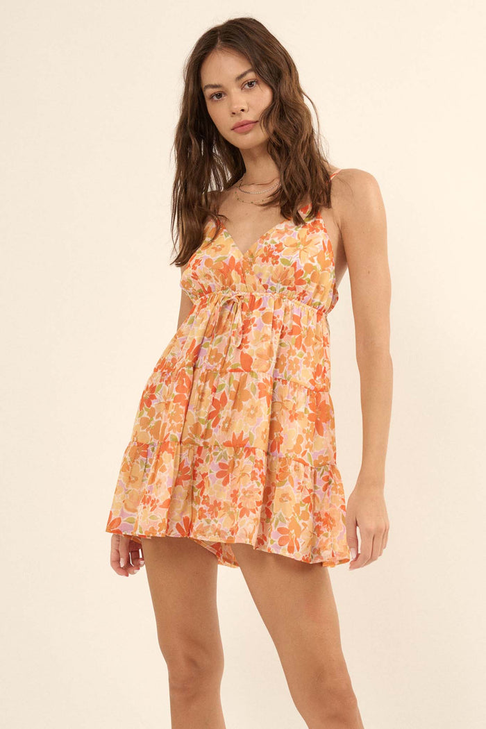 Peach Blossoms Floral Chiffon Tiered Ruffle Romper - ShopPromesa