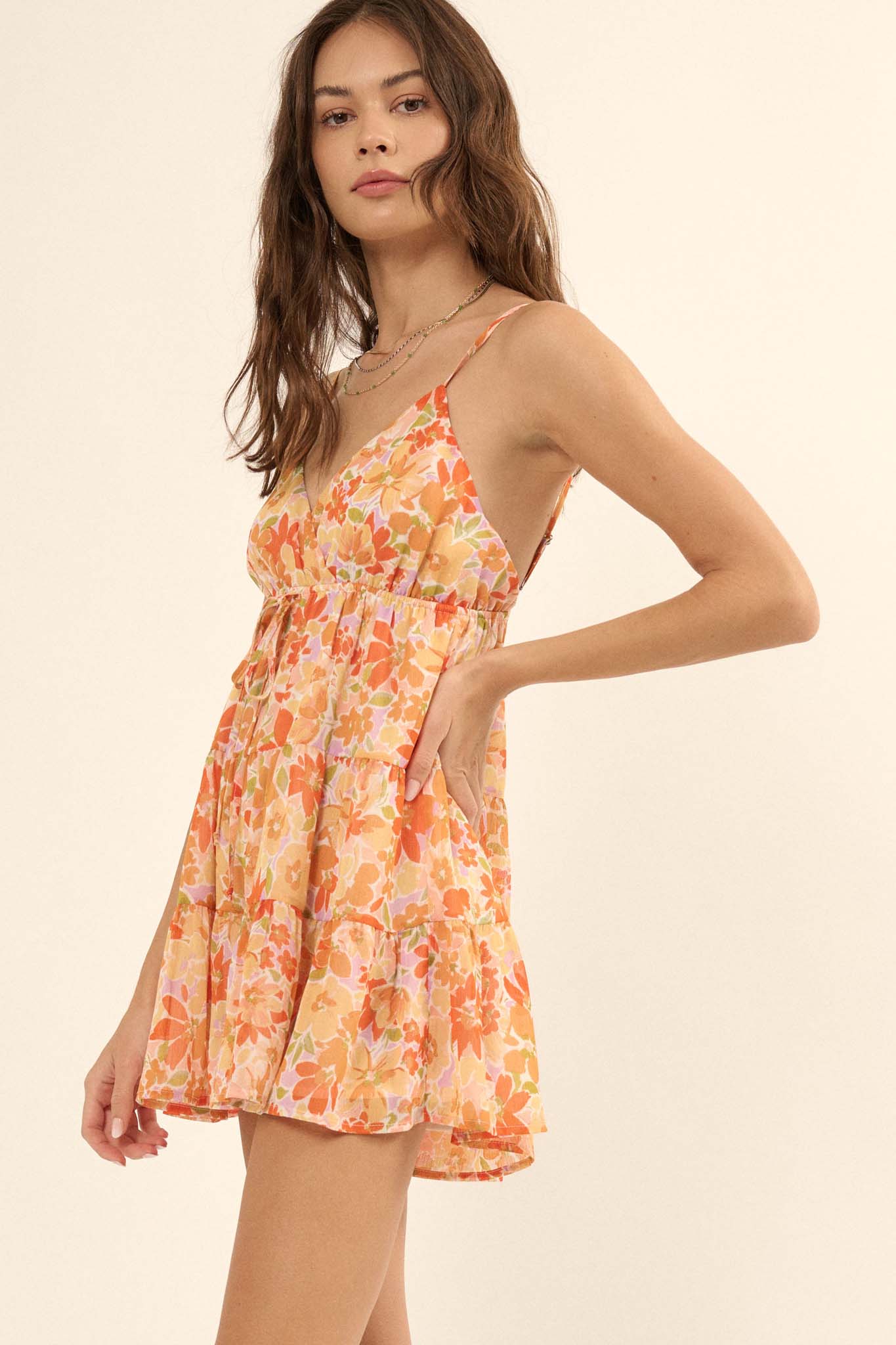 Peach Blossoms Floral Chiffon Tiered Ruffle Romper - ShopPromesa