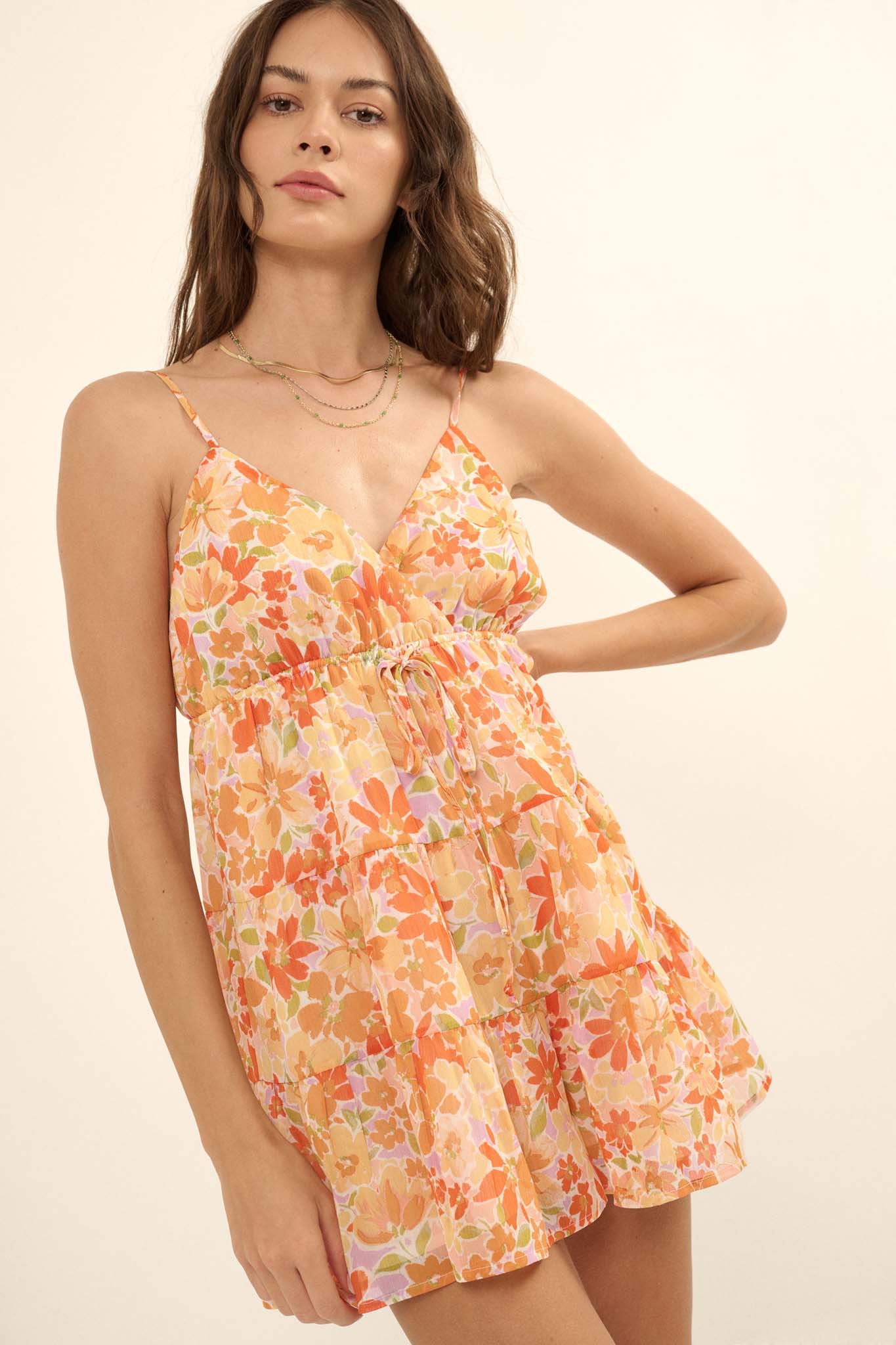 Peach Blossoms Floral Chiffon Tiered Ruffle Romper - ShopPromesa