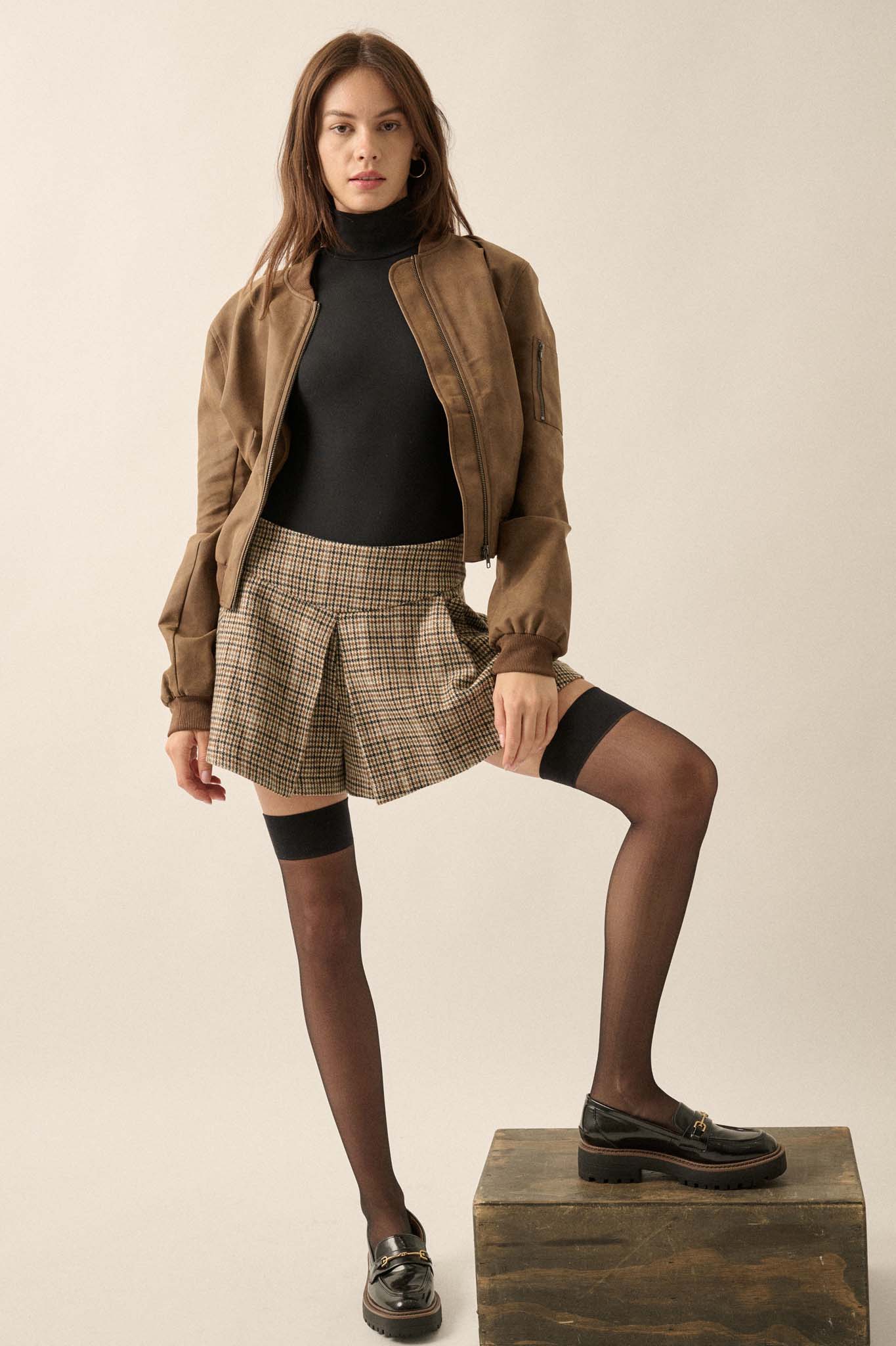 Prep School Houndstooth Plaid Pleated Mini Skort - ShopPromesa