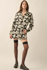Black Iris Floral Button-Front Belted Shirt Romper - ShopPromesa