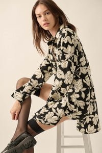 Black Iris Floral Button-Front Belted Shirt Romper - ShopPromesa