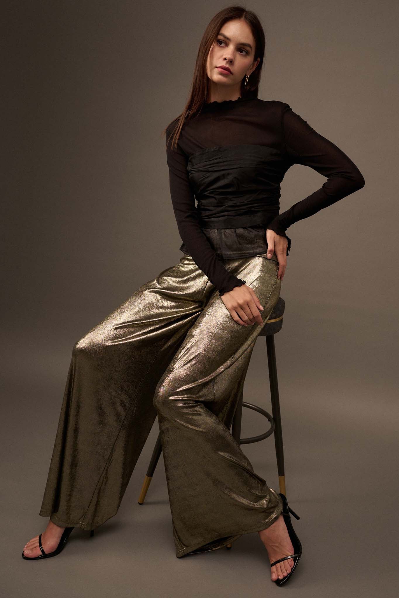 Solid Gold Metallic Wide-Leg Palazzo Pants - ShopPromesa