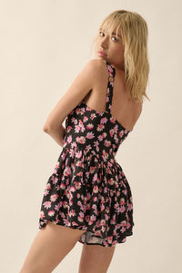 Flirty Flowers Floral Satin Fit-and-Flare Romper - ShopPromesa