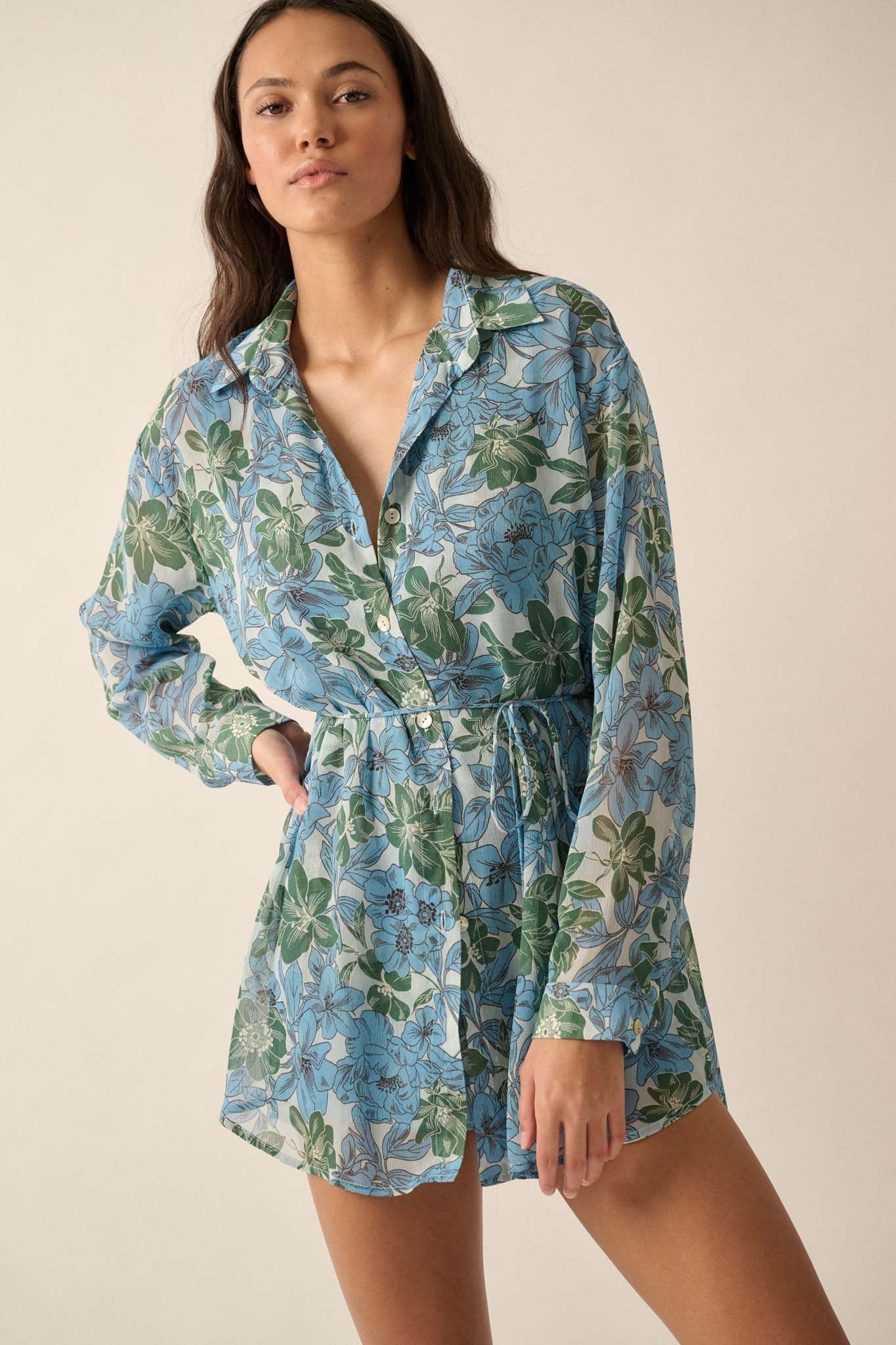 Phuket Fantasy Floral Chiffon Belted Shirt Romper - ShopPromesa