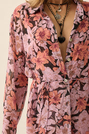 Phuket Fantasy Floral Chiffon Belted Shirt Romper - ShopPromesa