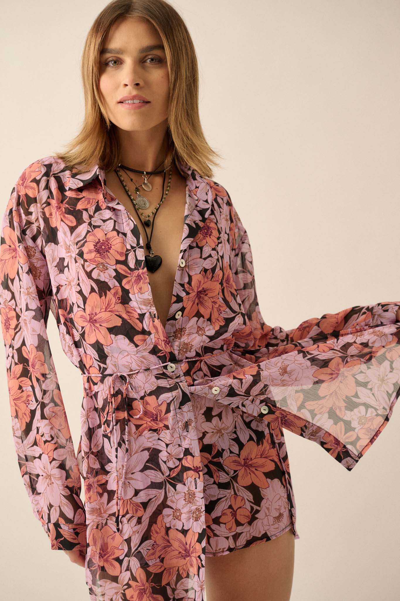 Phuket Fantasy Floral Chiffon Belted Shirt Romper - ShopPromesa